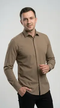 Мужская приталенная рубашка Slim Fit (Кофейный микродизайн) - Скрытая застежка view 1