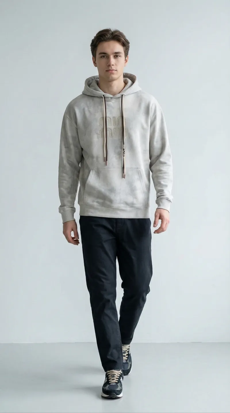 Мужское худи – светло-серый эффект «Tie-Dye» с вышивкой