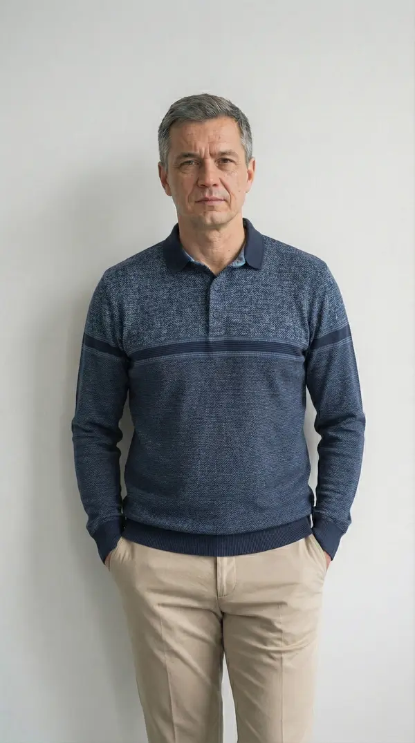 Мужской синий джемпер-поло (Комбинированная вязка)