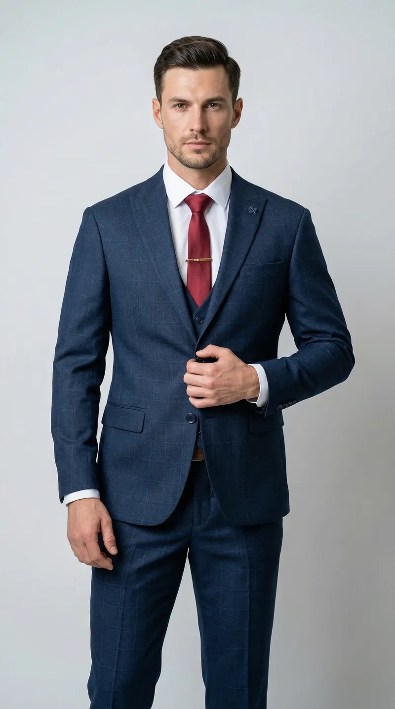 Мужской классический костюм-тройка (Темно-синяя клетка)