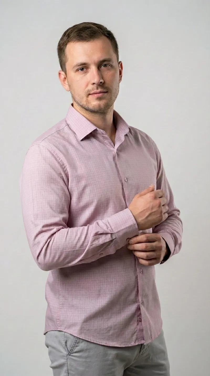 Мужская приталенная рубашка Slim Fit (Розовая клетка)