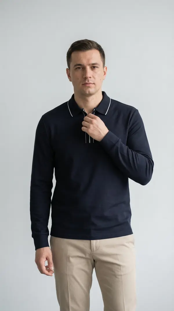 Мужское поло с длинным рукавом (лонгслив) BOSSADO — темно-синий с белым кантом