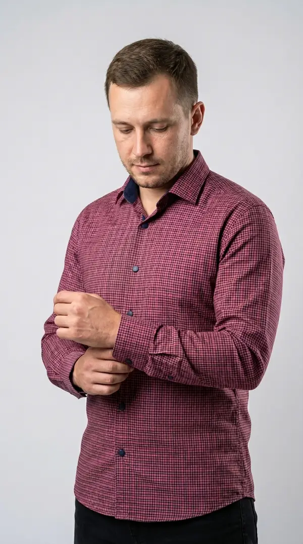 Мужская приталенная рубашка Slim Fit (Бордовая клетка)