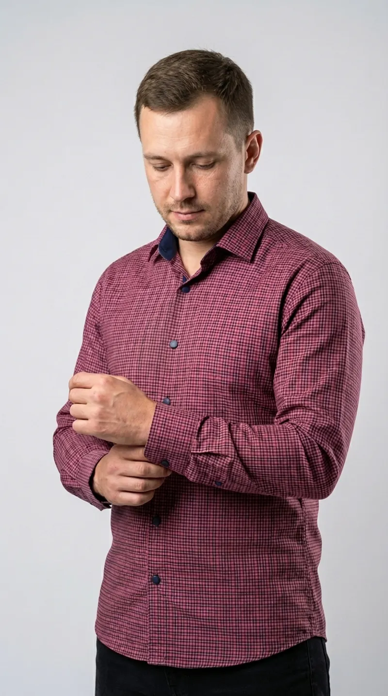 Мужская приталенная рубашка Slim Fit (Бордовая клетка)