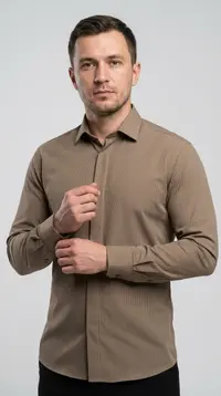 Мужская приталенная рубашка Slim Fit (Кофейный микродизайн) - Скрытая застежка view 2